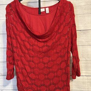 Chico’s Red Crochet Knit Top Women’s Size 2 Built-In Cami Lined Stretch Blouse